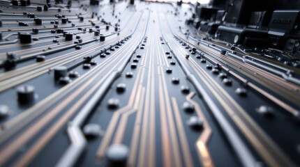 A close-up of a professional digital audio sound mixer console board with multiple control buttons and channels for studio recording and DJ music mixing