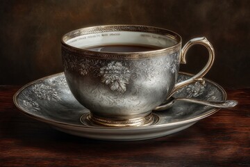 Elegant silver tea cup and saucer