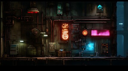 Underground Cyber City with Glowing Pipes and Neon Panels
