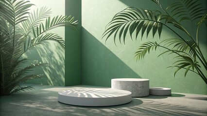 Podium stand, green background with palm leaves.