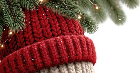 Festive Knit Cap Adorned With Winter Foliage and Lights in a Cozy Winter Setting