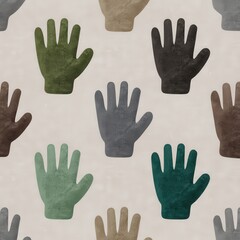 Fototapeta premium Colorful handprints displayed in a whimsical repeated pattern across a textured backdrop creating an inviting atmosphere suitable for children's art projects or craft decorations