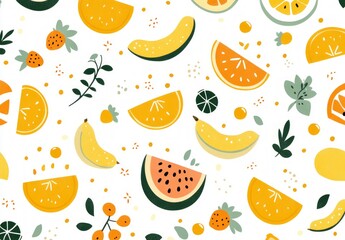 Vibrant Fruit Pattern: Yellow Citrus and Watermelon Slices on White Background