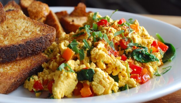 Tofu scramble on a plate, featuring fluffy scrambled tofu with peppers and spinach, accompanied by crispy hash browns and perfectly toasted bread, garnished with fresh herbs