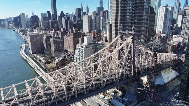Queensboro Bridge At Manhattan In New York United States. Freeway Road Scene. Beautiful Cityscape. Queensboro Bridge At New York United States. Highrise Buildings Landscape. 
