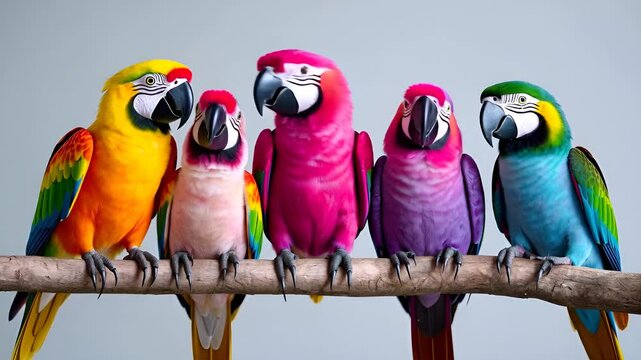  birds with colorful wild feathers sit on a branch