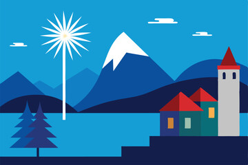 Naklejka premium winter landscape with houses and mountains