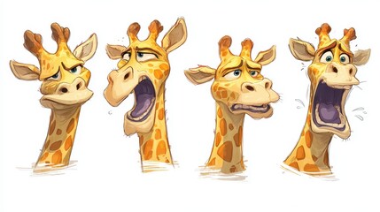 Naklejka premium Giraffe head variations exhibiting different emotions.