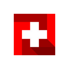 White cross medical on red square icon flat vector design