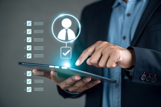 HR tech in action as recruiter uses computer to analyze and approve job applicant profiles, highlighting digital recruitment process, performance checklist, and automated employment verification