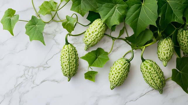 Overhead view displays several pointed gourds and leaves beautifully arranged on a clean marble surface