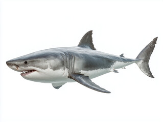 Fototapeta premium hyper-realistic side view of a great white shark lifelike proportions and anatomy, realistic rough gray skin with white underside, visible gill slits, dark eyes.