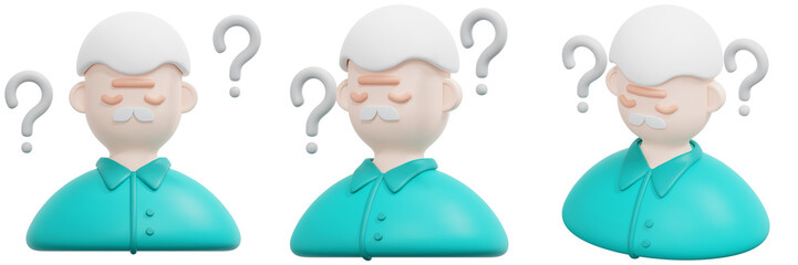Set of 3D Rendered Illustrations of a Confused Elderly Man with Question Marks 3d Render Icon Illustration