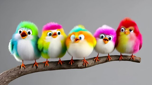 cartoon birds with colorful wild feathers sit on a branch