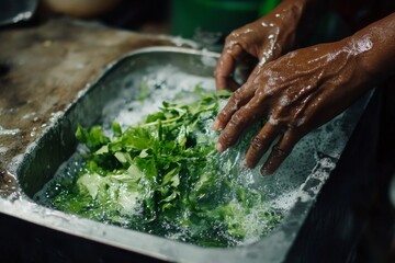Hands washing fresh green leafy vegetables in a stainless steel kitchen sink with soapy water