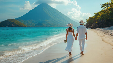 Newlyweds walking together, holding hands on golden sandy beach during vibrant sunset, enjoying romantic honeymoon moment
