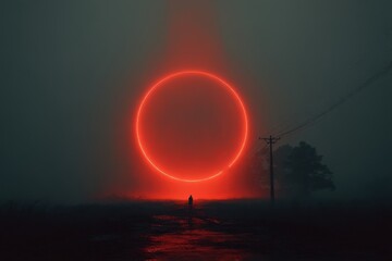 Fototapeta premium A glowing red ring appears in a misty landscape.