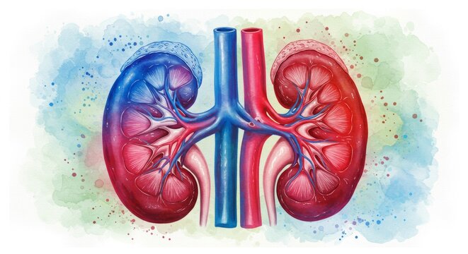 Artistic watercolor depiction of human kidneys with vibrant colors and textures