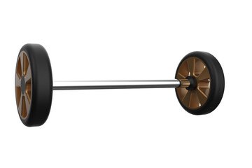 Wheels and Axle Assembly for a Cart, Toy, or Light Equipment, Set of Wheels on a Rod for a Small Vehicle or Mechanism, Two Black Wheels with Bronze Colored Rims Mounted on a Silver Axle on a PNG