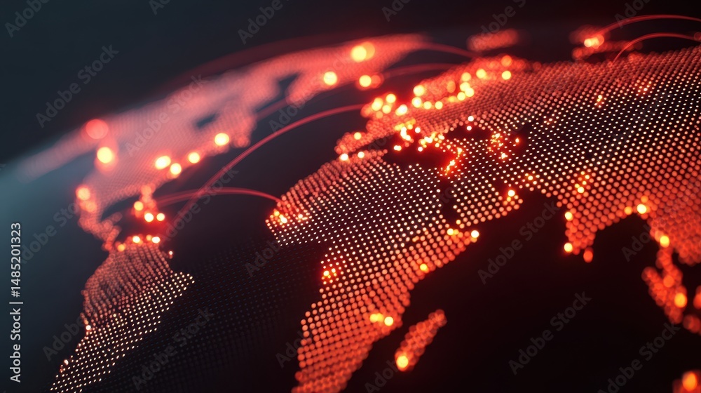 Poster abstract representation of a world map with illuminated connecting lines, symbolizing global communi
