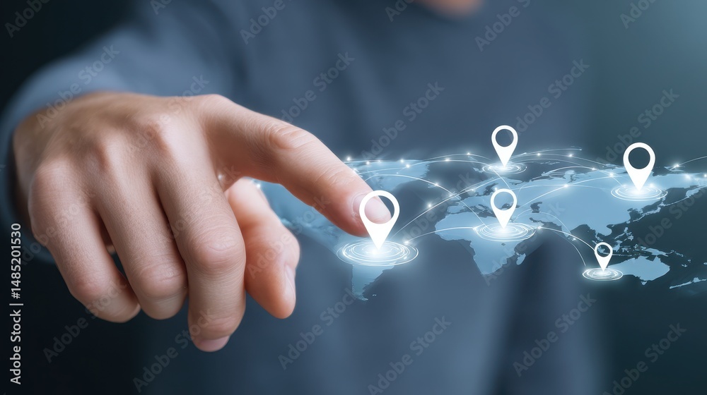 Poster a hand points at a digital map with location markers, symbolizing navigation and technology in a glo