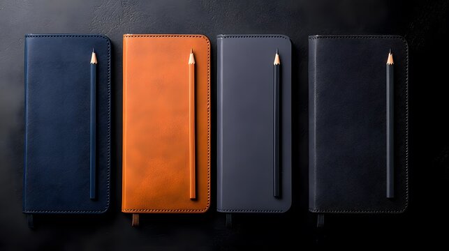 Four Leather Notebooks with Pencils on Dark Background