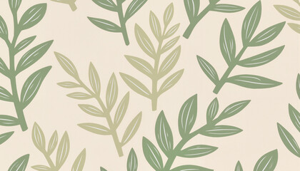 Botanical pattern of green leaves on cream background  