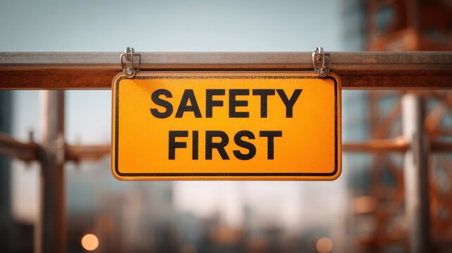 A vibrant safety sign hangs from a railing, emphasizing the importance of safety in a construction or industrial environment.