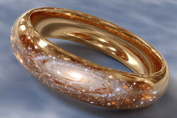 a 3d rendering of a glowing metallic ring set against a dark space background