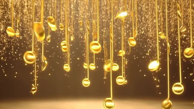 Luxurious golden music notes abstract animation with sparkling particle effects