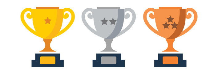 Gold Silver Bronze Trophy Icons Set – Flat Design Trophy  for Winner and Achievement Recognition