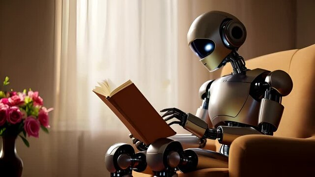  a cute robot sitting on a chair in the living room. It is reading a book, 