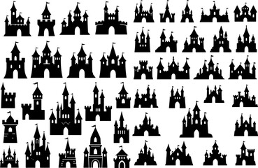 Silhouette collection of fairytale castles for design use.