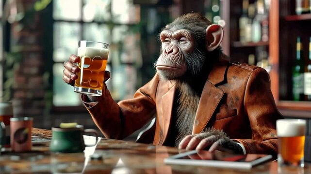 chimpanzee in a suit enjoys a drink beer at a cozy bar during a lively evening gathering