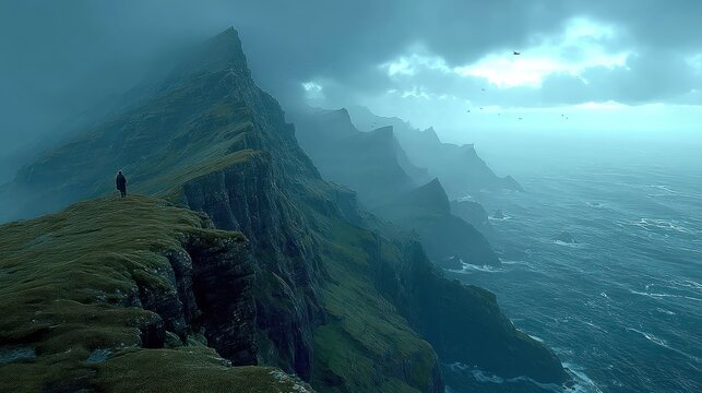 Solitary figure on rocky coastal cliffs during storm - Powered by Adobe
