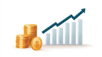 Graphical representation of financial growth with coins and a rising bar graph.