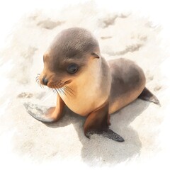 Adorable Baby Seal Pup on Sandy Beach Close Up Illustration.