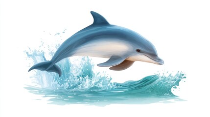 Fototapeta premium A vibrant illustration of a dolphin jumping out of the ocean, creating splashes against a backdrop of lively waves.