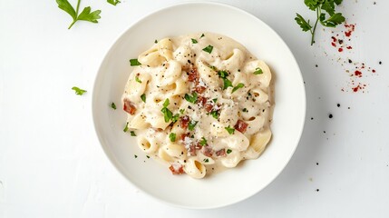 Italian Pasta Carbonara white ceramic plate top down view clean white background creamy sauce pancetta Parmesan cheese ideal food blogs or restaurant menus cut out on isolated transparent background