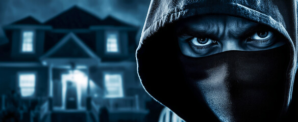 Mysterious figure wearing a mask in front of a house
