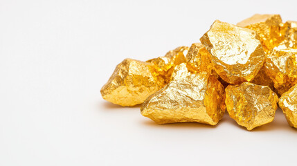 Shiny gold nuggets stacked together, symbolizing wealth and investment opportunities. bright color evokes sense of luxury