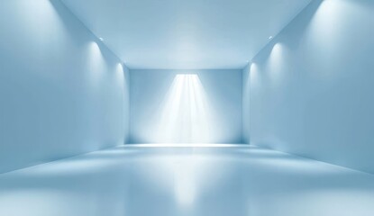 A serene blue gradient background illuminating an empty room.