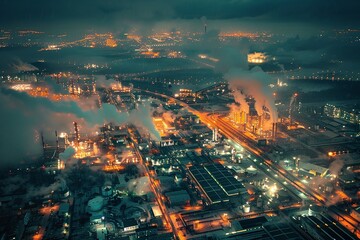 Fototapeta premium Night Aerial View of an Industrial City with Glowing Lights and Fog Varient 5