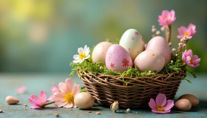 Decorated Easter eggs in a basket with spring flowers , meadow, dyeing eggs