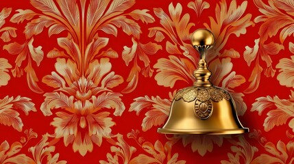 Gold Bell on Red Damask Fabric Background
