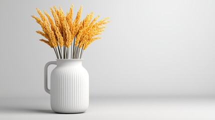 Golden Wheat Stalks in White Ribbed Ceramic Jug Minimalist Autumn Still Life