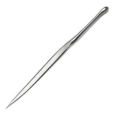 a metal knife with a long blade on a white surface