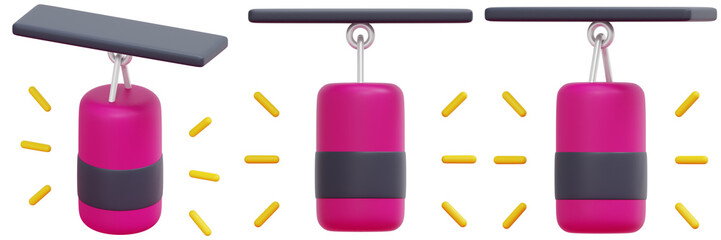 Set of Pink Punching Bags with Gray Accents Hanging on a Black Bar 3d Render Icon Illustration