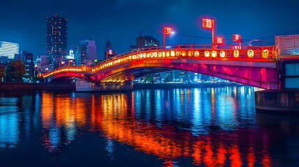 Fototapeta premium Cyberpunk-Style Bridge over Sumida River with Neon Lanterns and City Reflections 