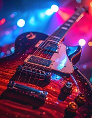 Obraz premium Close-up of electric guitar on stage with colorful lights and reflections